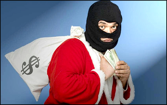 Masked bandit hauling a bag of cash dressed in a Santa suite.